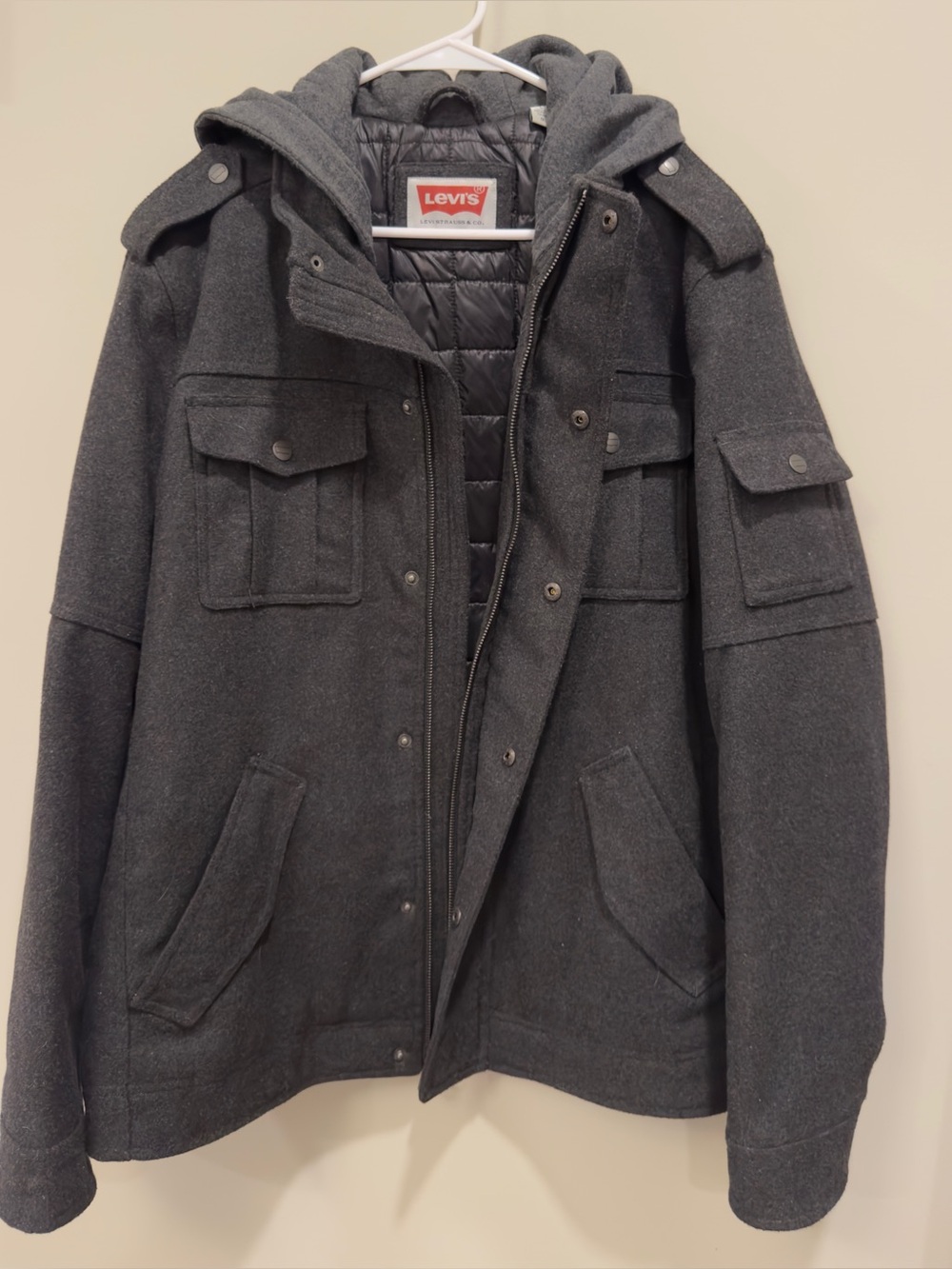 Levi’s Mens Wool Blend Quilted Lined Hooded Military Field Jacket Charcoal Large